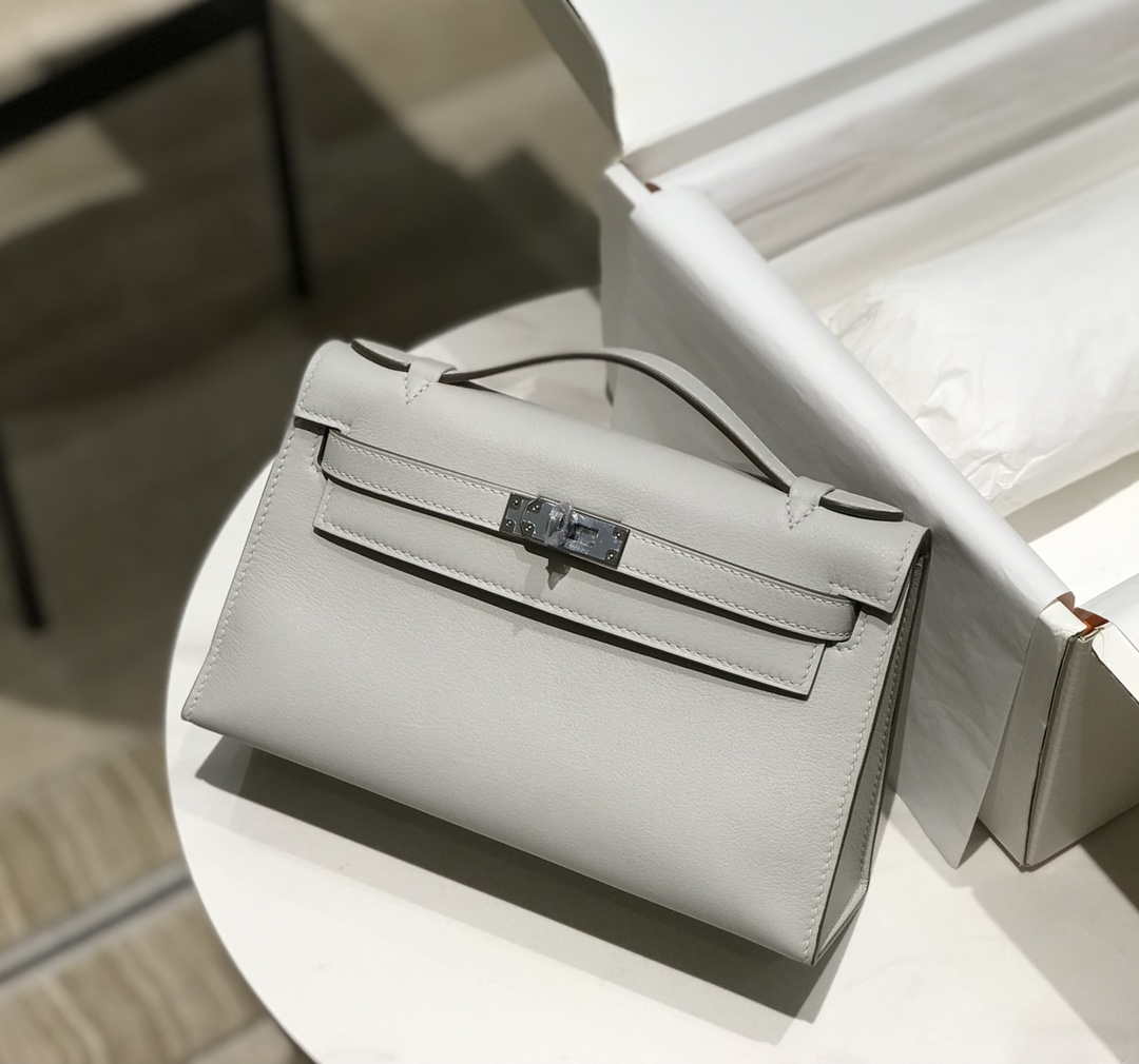 Hermes Kelly Pouchette Swift Leather clutch bag Silver H230259 - Default Title - View 3