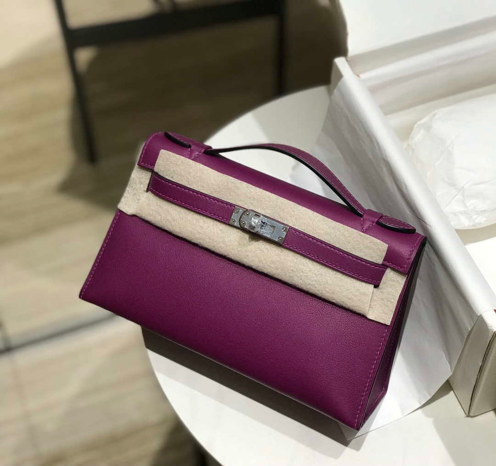 Hermes Kelly Pouchette Swift Leather clutch bag Silver H230261