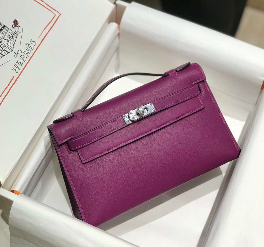 Hermes Kelly Pouchette Swift Leather clutch bag Silver H230261