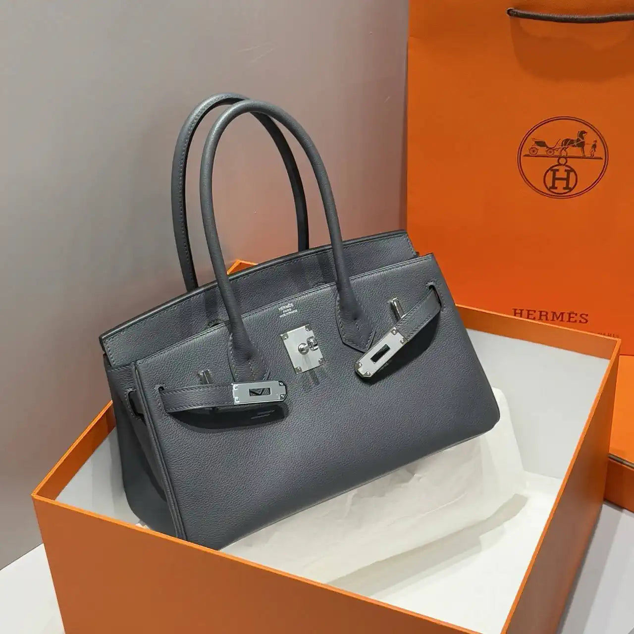 Hermes Shoulder Birkin 29 Etoupe Evercolor Palladium Hardware H92214 Gray