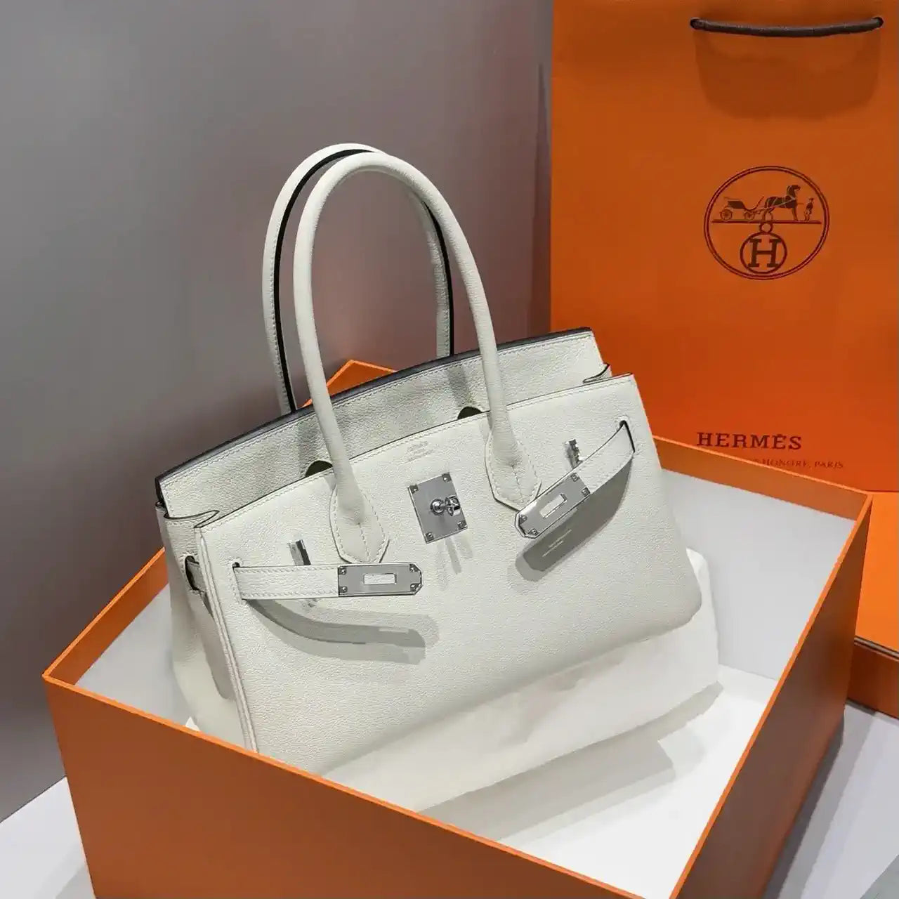 Hermes Shoulder Birkin 29 Etoupe Evercolor Palladium Hardware H92215