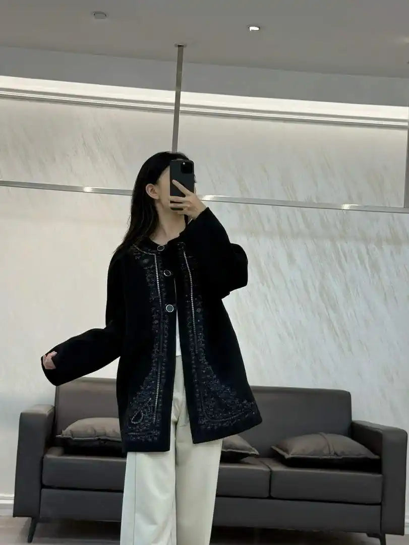 Hermes Women Double-faced cashmere embroidery pattern Coat H33334