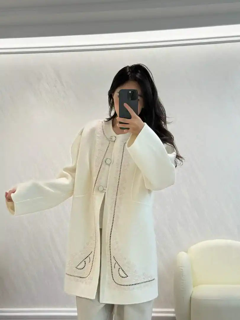 Hermes Women Double-faced cashmere embroidery pattern Coat H33333