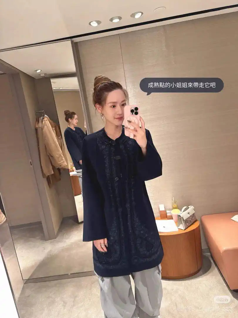 Hermes Women Embroidered hollow double-faced cashmere mid-length coat H33360