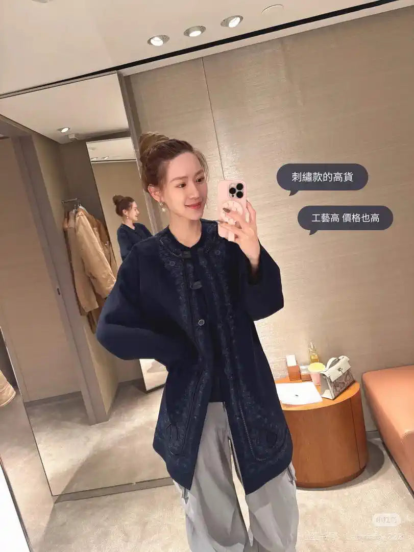 Hermes Women Embroidered hollow double-faced cashmere mid-length coat H33360