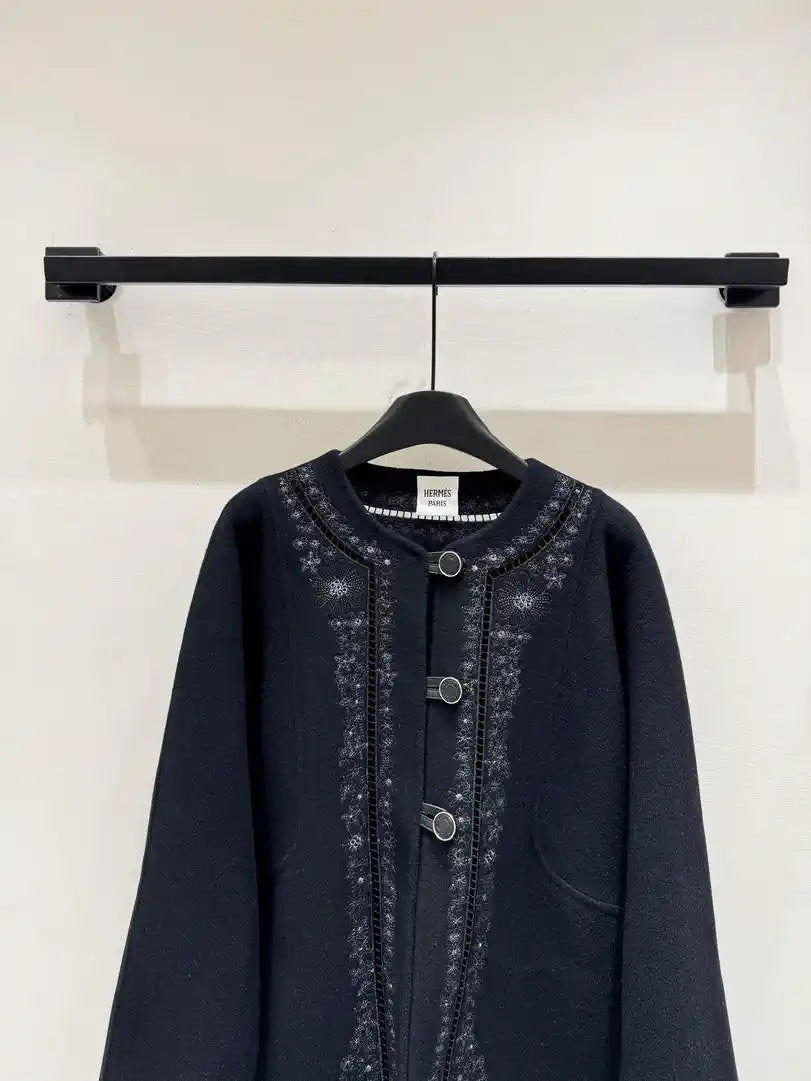 Hermes Women Embroidered hollow double-faced cashmere mid-length coat H33360