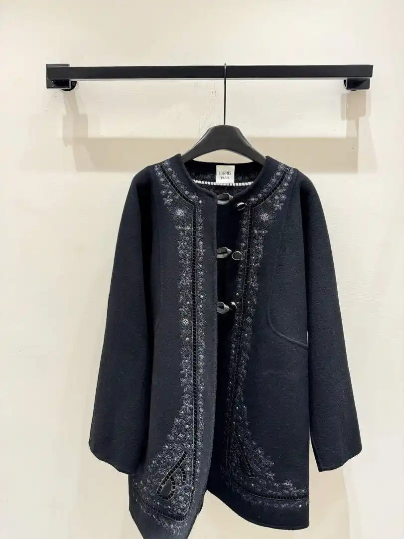 Hermes Women Embroidered hollow double-faced cashmere mid-length coat H33360