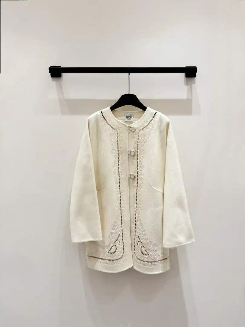 Hermes Women Embroidered hollow double-faced cashmere mid-length coat H33361