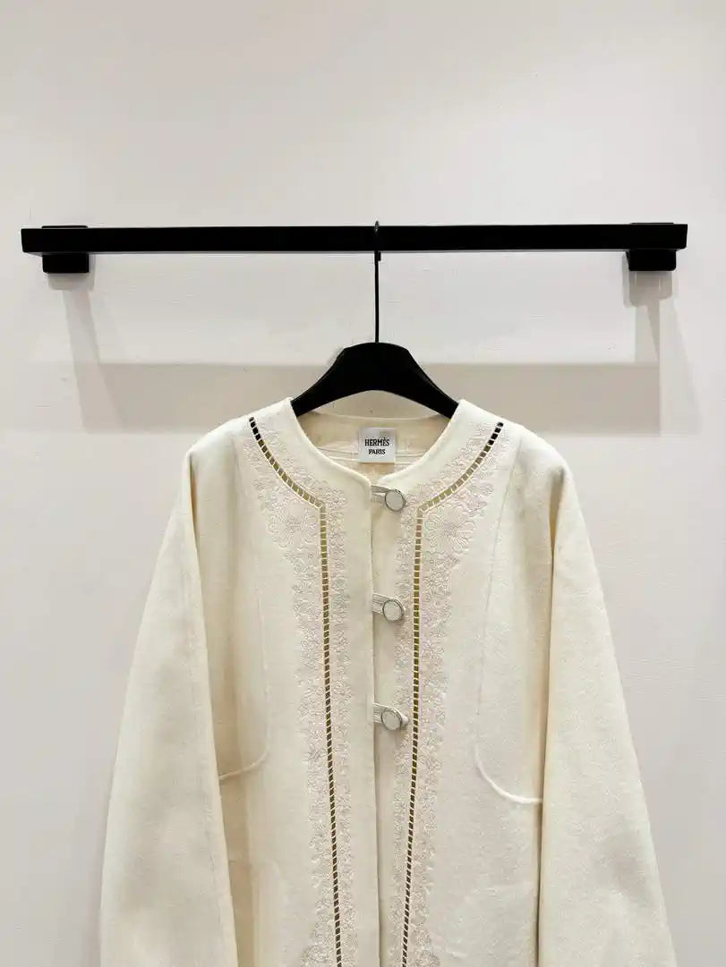 Hermes Women Embroidered hollow double-faced cashmere mid-length coat H33361