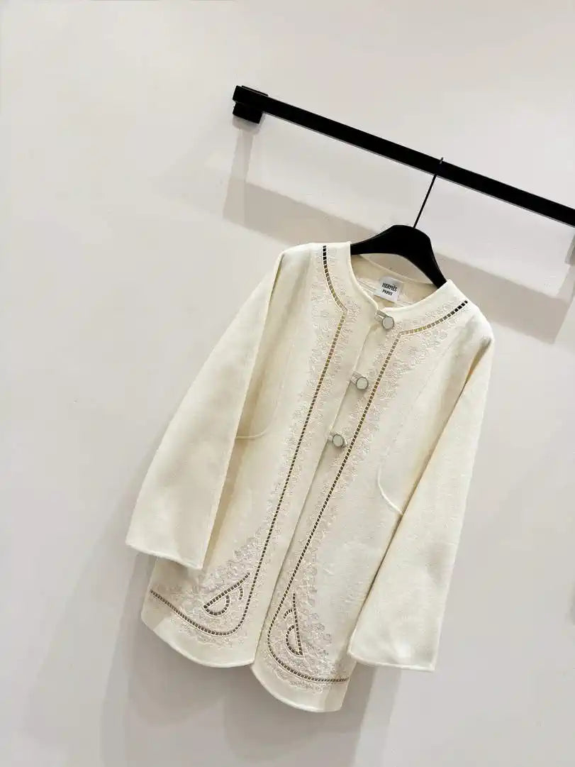 Hermes Women Embroidered hollow double-faced cashmere mid-length coat H33361