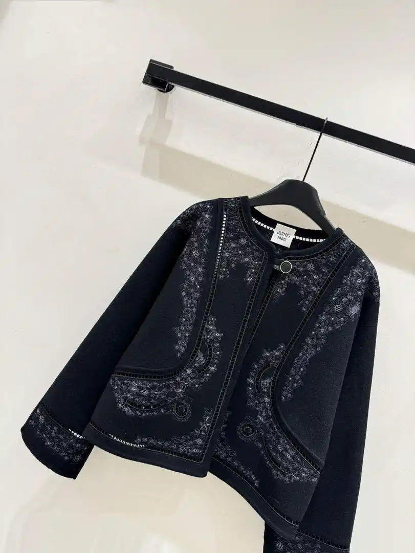 Hermes Women Embroidered hollow double-faced cashmere short coat H33367