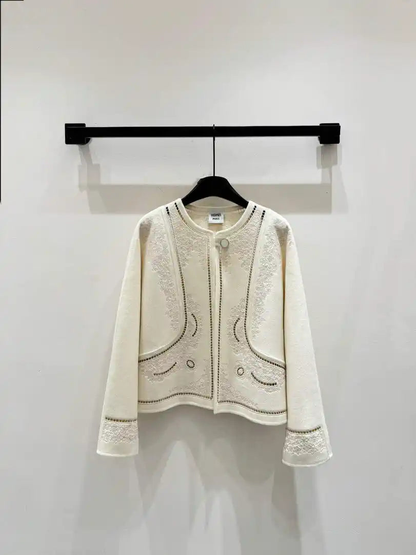Hermes Women Embroidered hollow double-faced cashmere short coat H33368