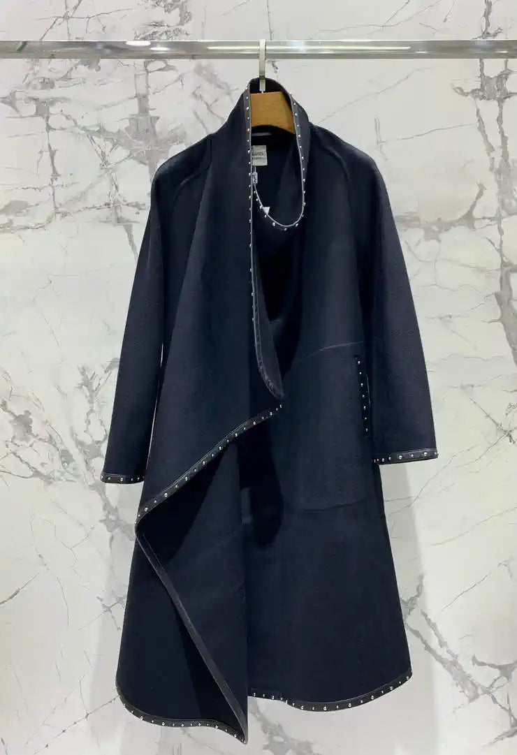 Hermes Women Loose-fitting cashmere coat with leather and rivet H33348