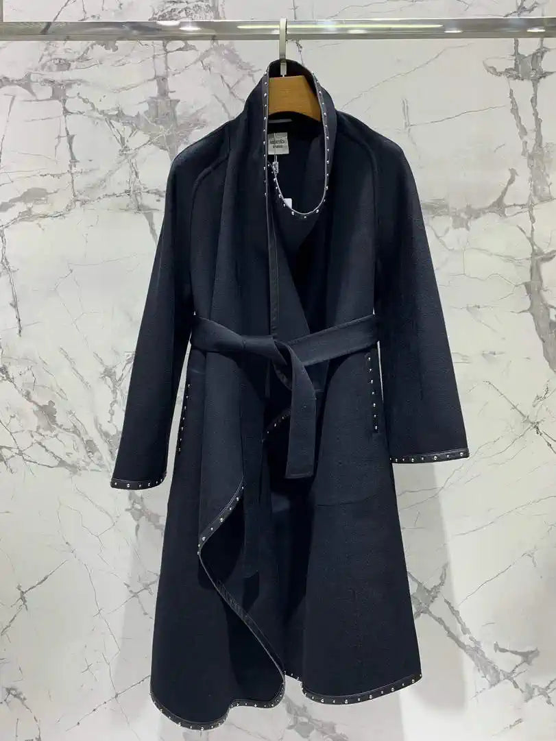 Hermes Women Loose-fitting cashmere coat with leather and rivet H33348