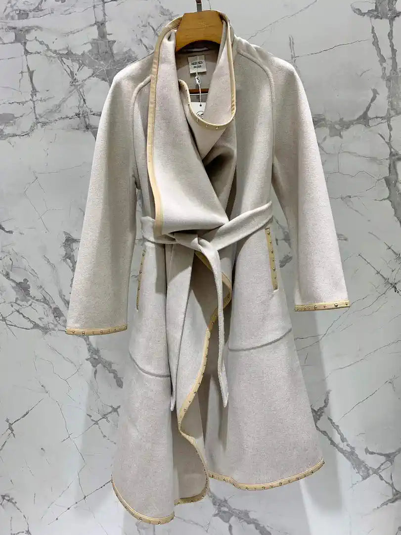 Hermes Women Loose-fitting cashmere coat with leather and rivet H33349