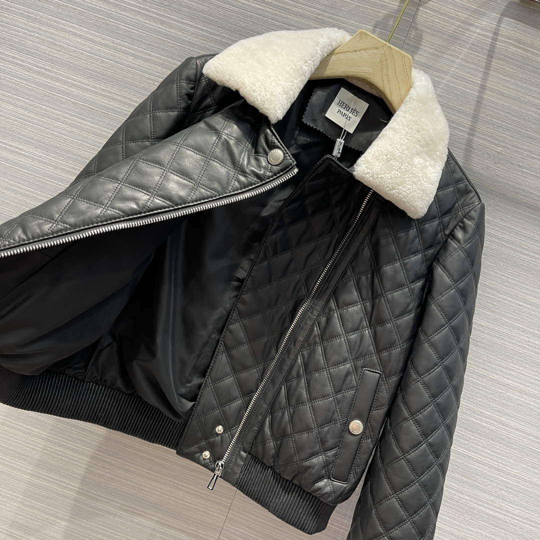 Hermes Women's Fashion Clothing Embossed Leather Jacket H33261