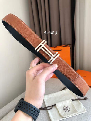 Hermes Women's Leather H Buckle Belt 32MM 19053 Tan - luxibagsmall