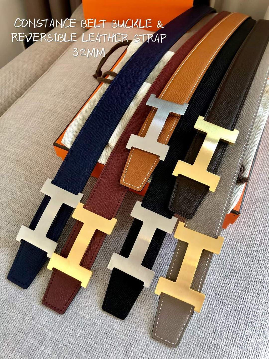 Hermes Women's Leather H Buckle Belt 32MM 19040 Gray - luxibagsmall