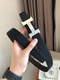 Hermes Women's Leather H Buckle Belt 32MM 19042 Black - luxibagsmall