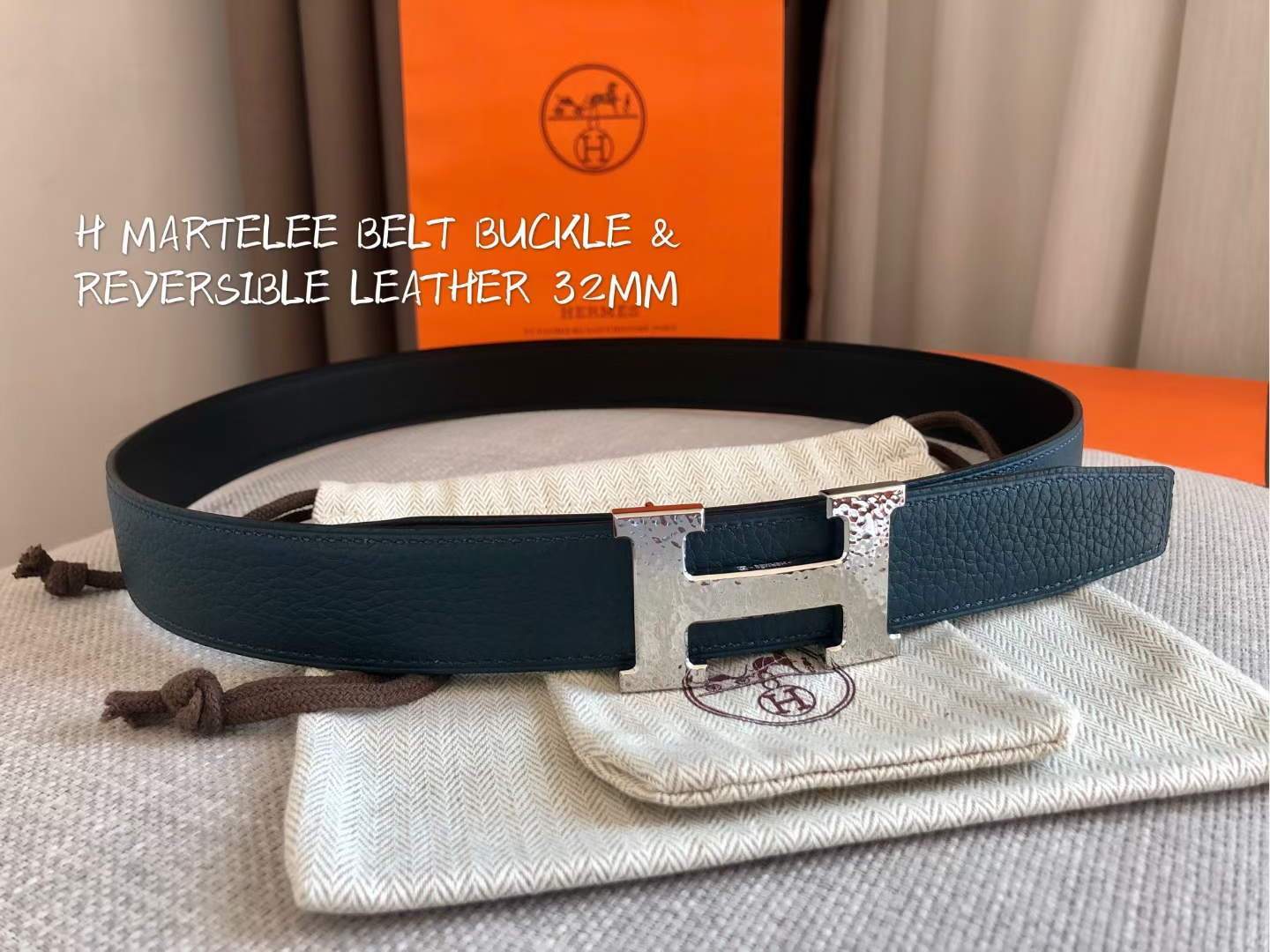 Hermes Women's Leather H Buckle Belt 32MM 19046 Navy Blue - luxibagsmall