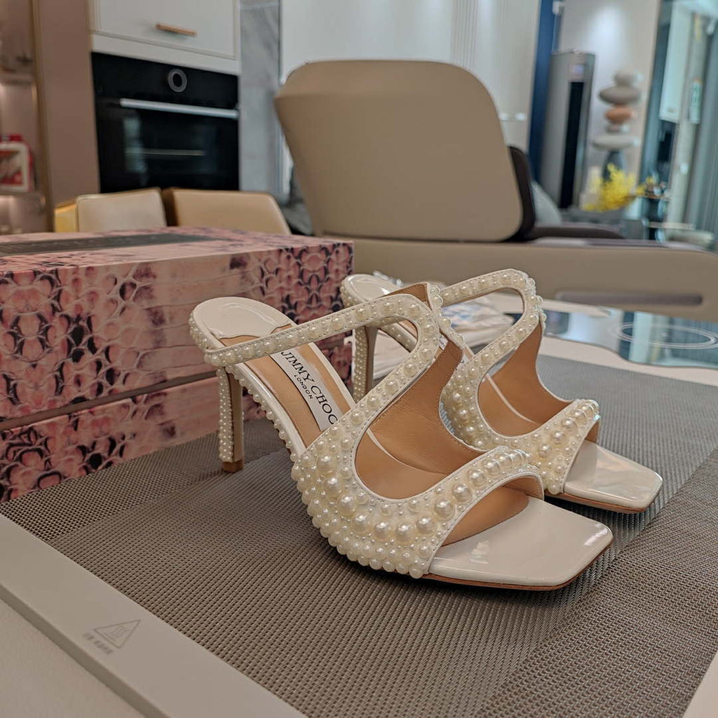 Jimmy Choo Azia 95  White Satin Sandals with All-Over Pearls AZIA95WOZ080308