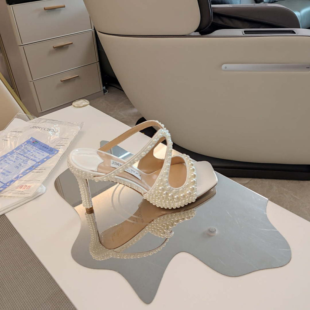 Jimmy Choo Azia 95  White Satin Sandals with All-Over Pearls AZIA95WOZ080308