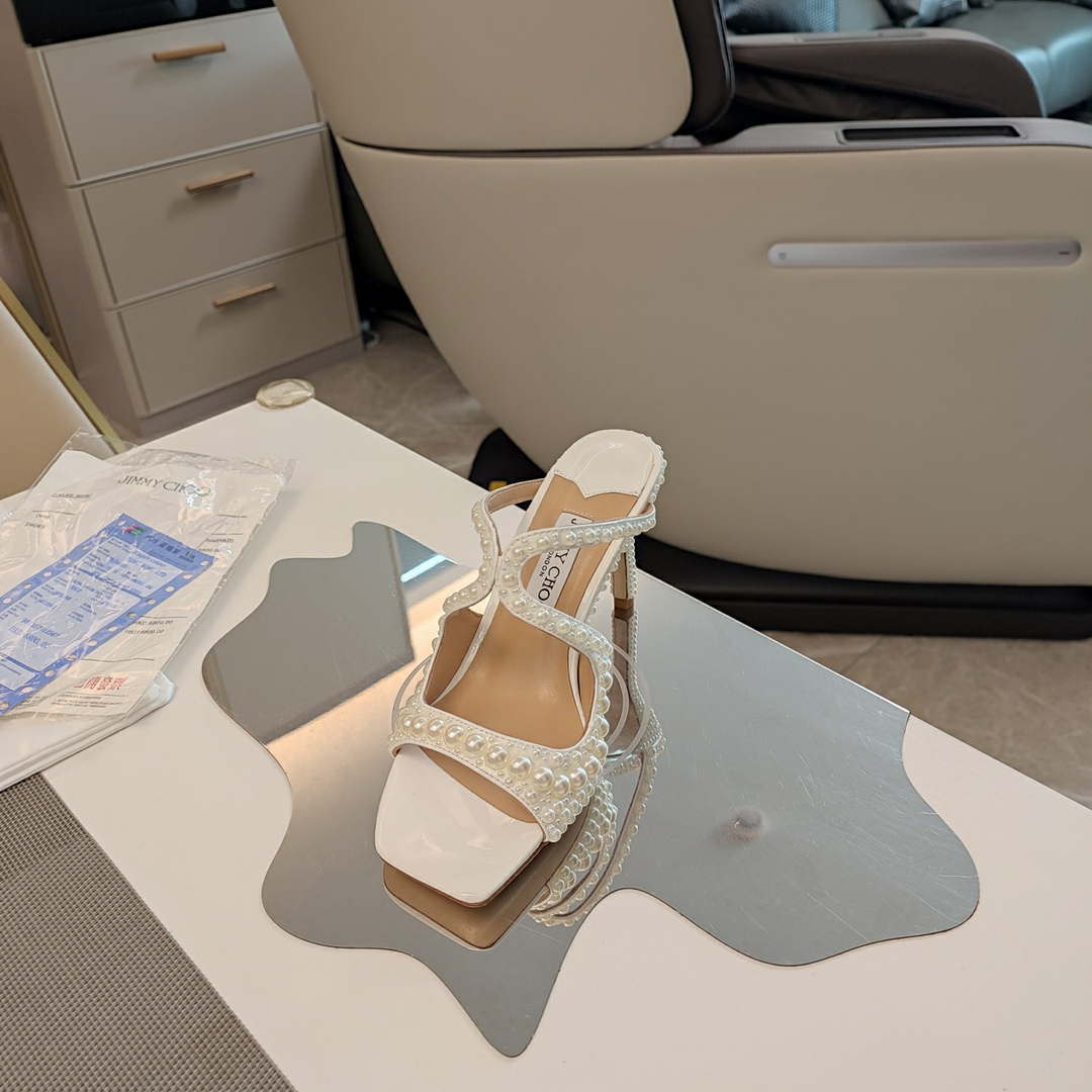 Jimmy Choo Azia 95  White Satin Sandals with All-Over Pearls AZIA95WOZ080308