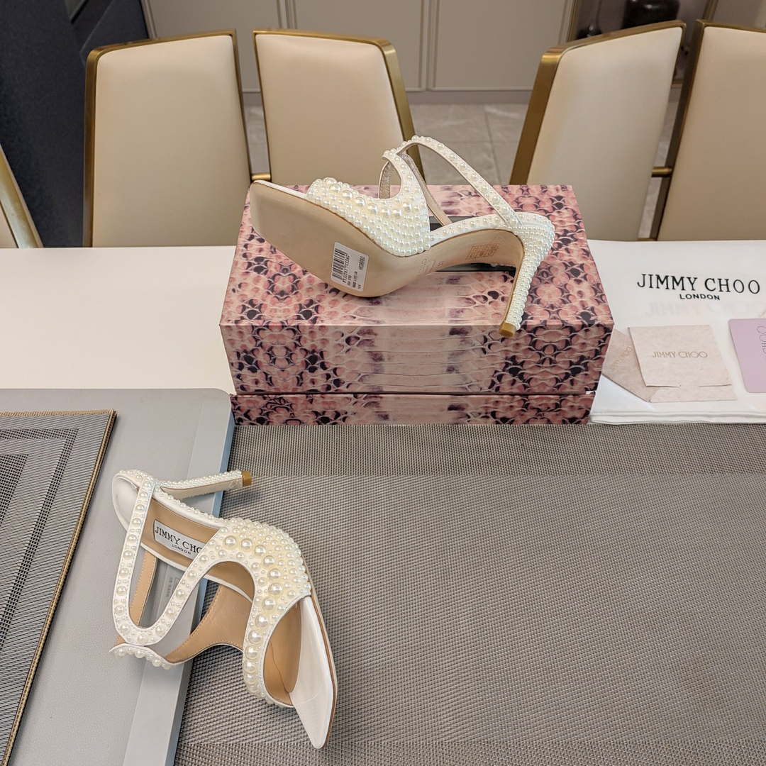 Jimmy Choo Azia 95  White Satin Sandals with All-Over Pearls AZIA95WOZ080308