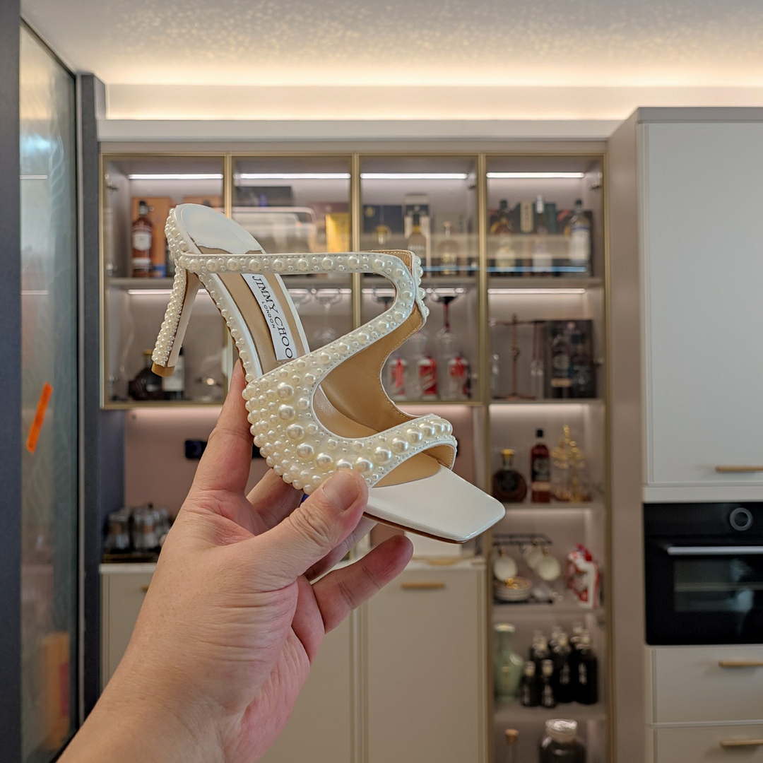 Jimmy Choo Azia 95  White Satin Sandals with All-Over Pearls AZIA95WOZ080308