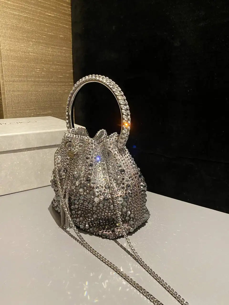 Jimmy Choo Bon Bon Blush Satin Bag with Crystals BONBONXDR1C1039 White & Gray