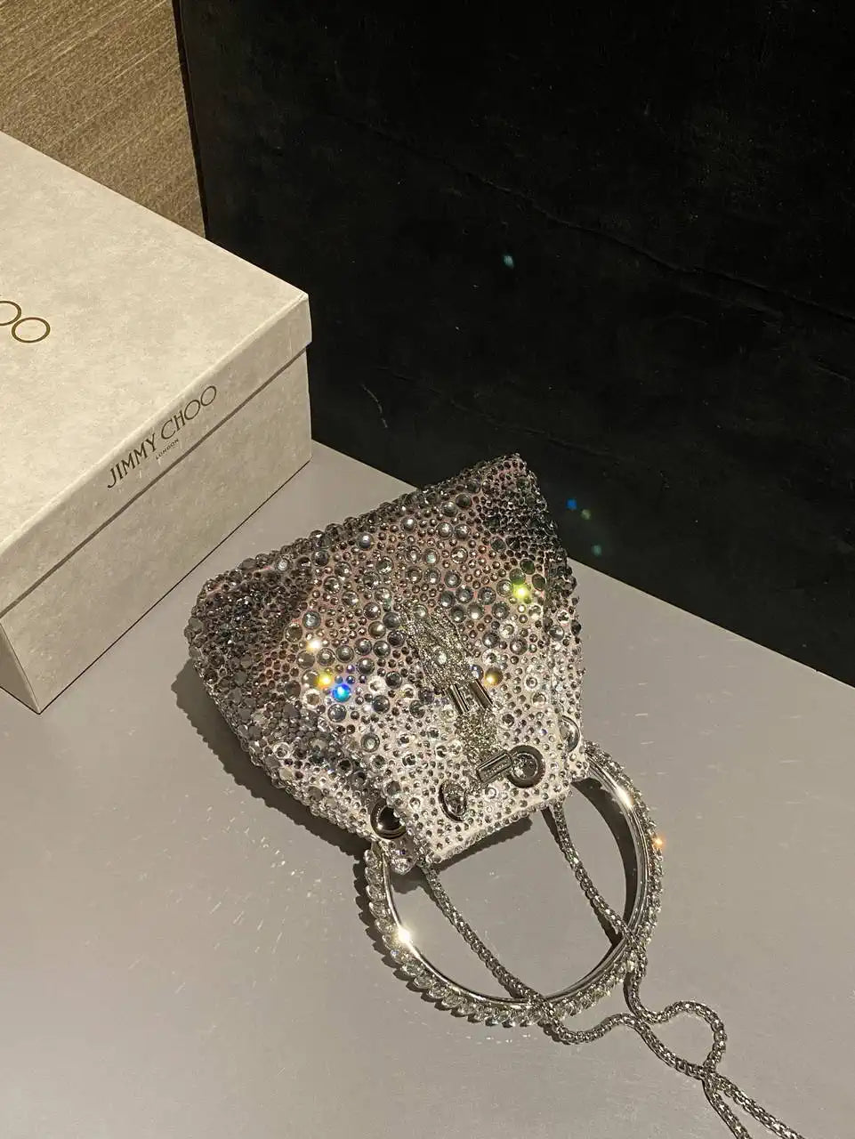 Jimmy Choo Bon Bon Blush Satin Bag with Crystals BONBONXDR1C1039 White & Gray
