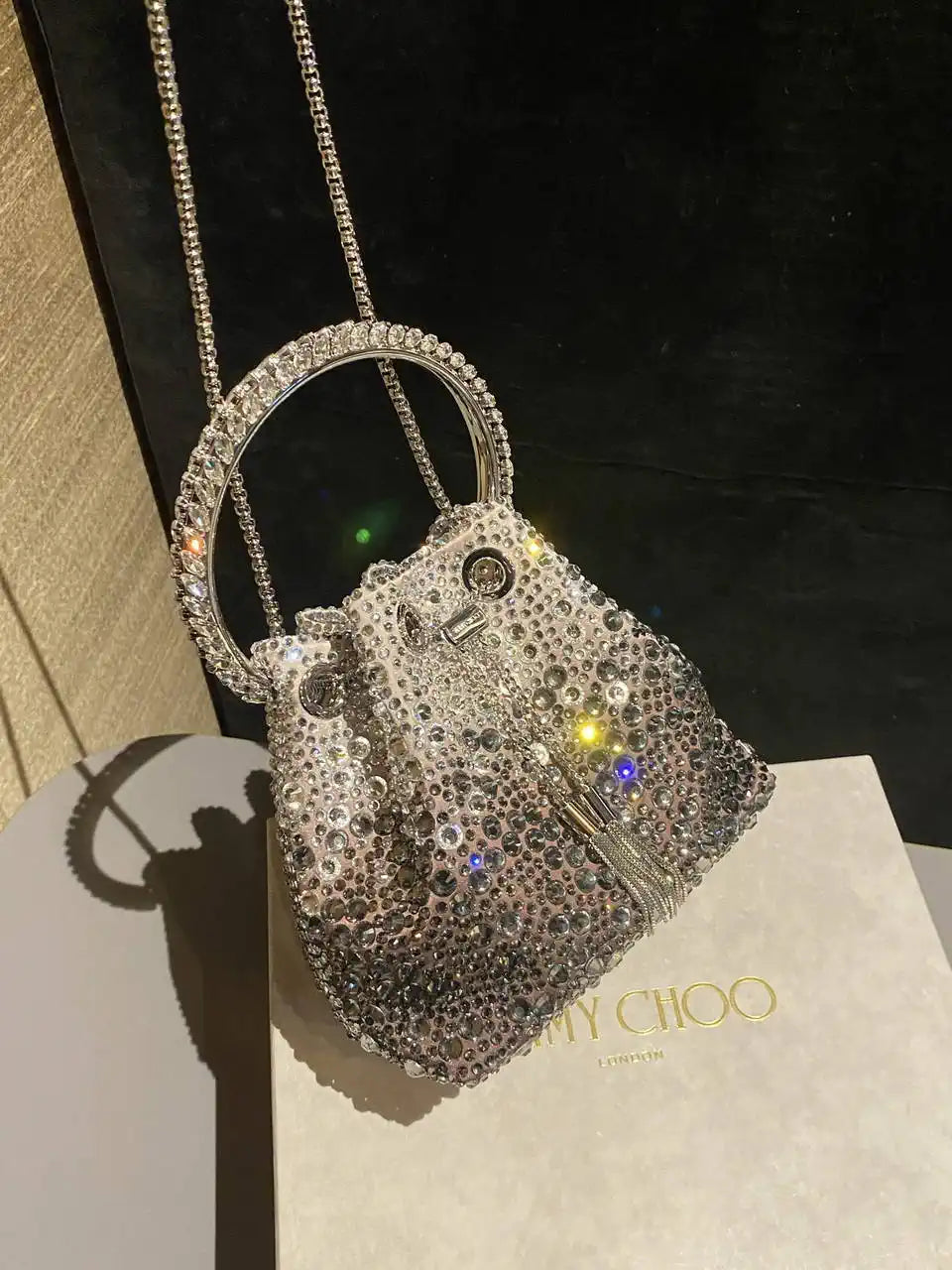 Jimmy Choo Bon Bon Blush Satin Bag with Crystals BONBONXDR1C1039 White & Gray
