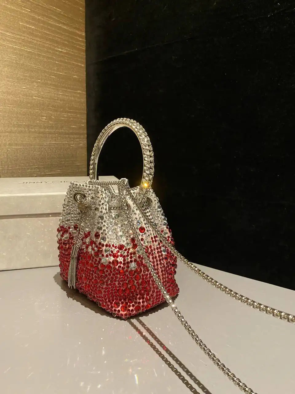 Jimmy Choo Bon Bon Blush Satin Bag with Crystals BONBONXDR1C1039 White & Red
