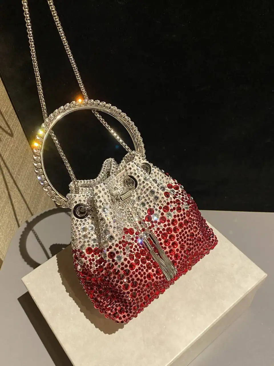 Jimmy Choo Bon Bon Blush Satin Bag with Crystals BONBONXDR1C1039 White & Red