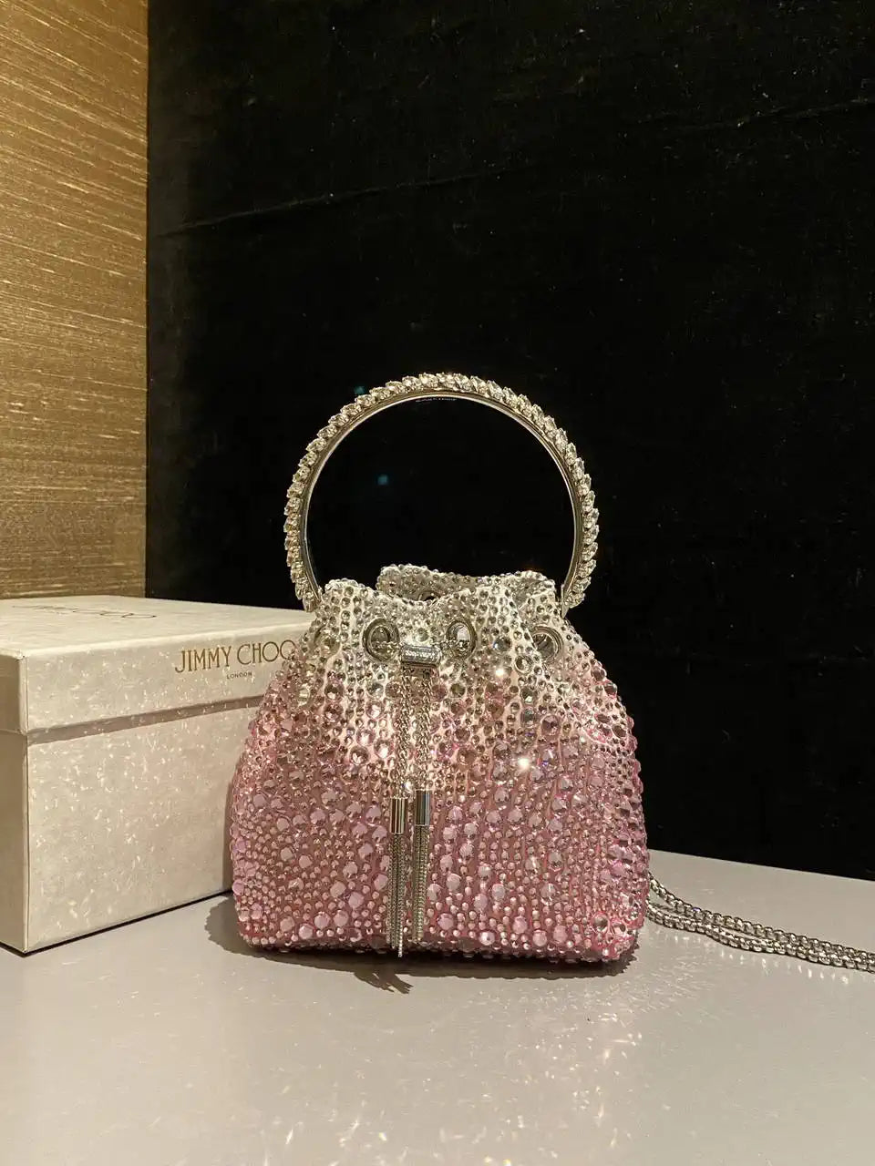 Jimmy Choo Bon Bon Blush Satin Bag with Crystals BONBONXDR1C1039 White & Pink