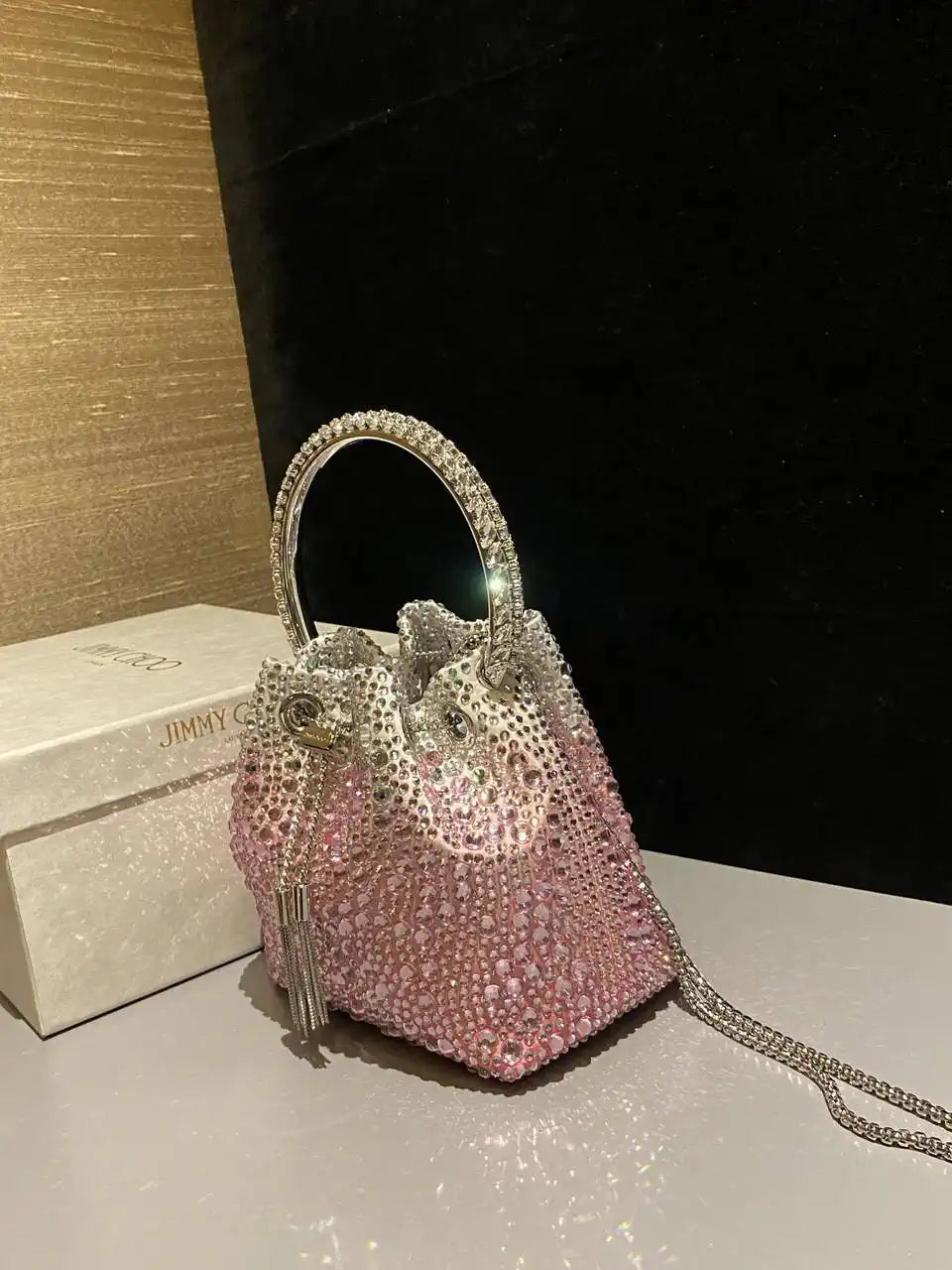 Jimmy Choo Bon Bon Blush Satin Bag with Crystals BONBONXDR1C1039 White & Pink