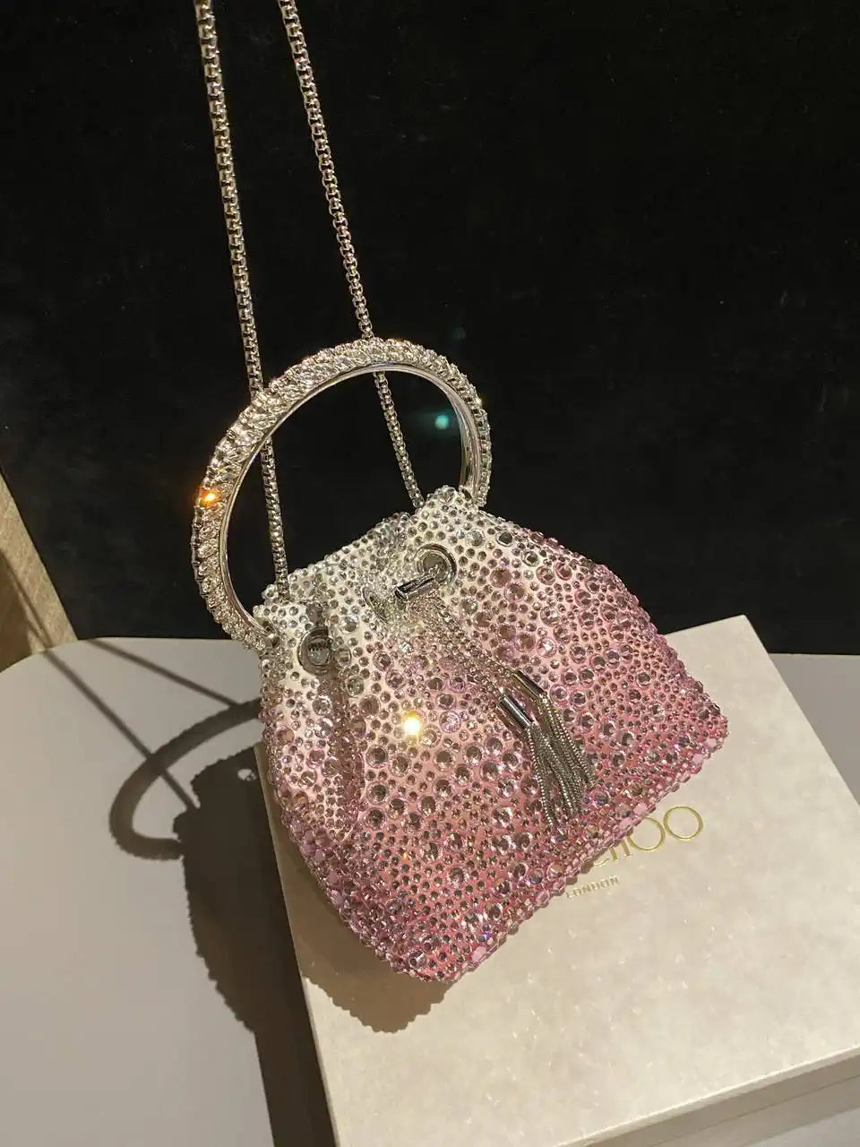 Jimmy Choo Bon Bon Blush Satin Bag with Crystals BONBONXDR1C1039 White & Pink
