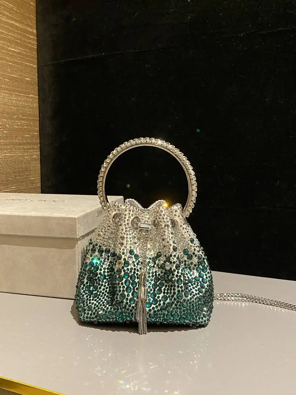 Jimmy Choo Bon Bon Blush Satin Bag with Crystals BONBONXDR1C1039 White & Green