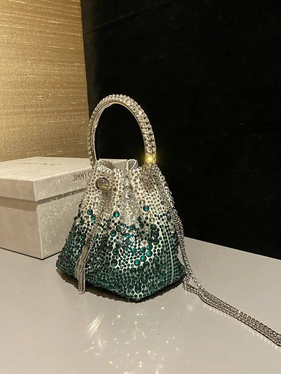 Jimmy Choo Bon Bon Blush Satin Bag with Crystals BONBONXDR1C1039 White & Green
