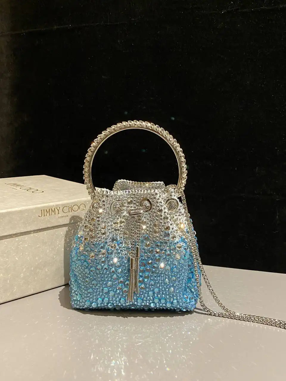 Jimmy Choo Bon Bon Blush Satin Bag with Crystals BONBONXDR1C1039 White & Light Blue
