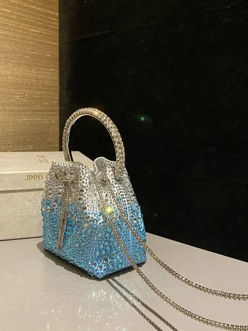 Jimmy Choo Bon Bon Blush Satin Bag with Crystals BONBONXDR1C1039 White & Light Blue