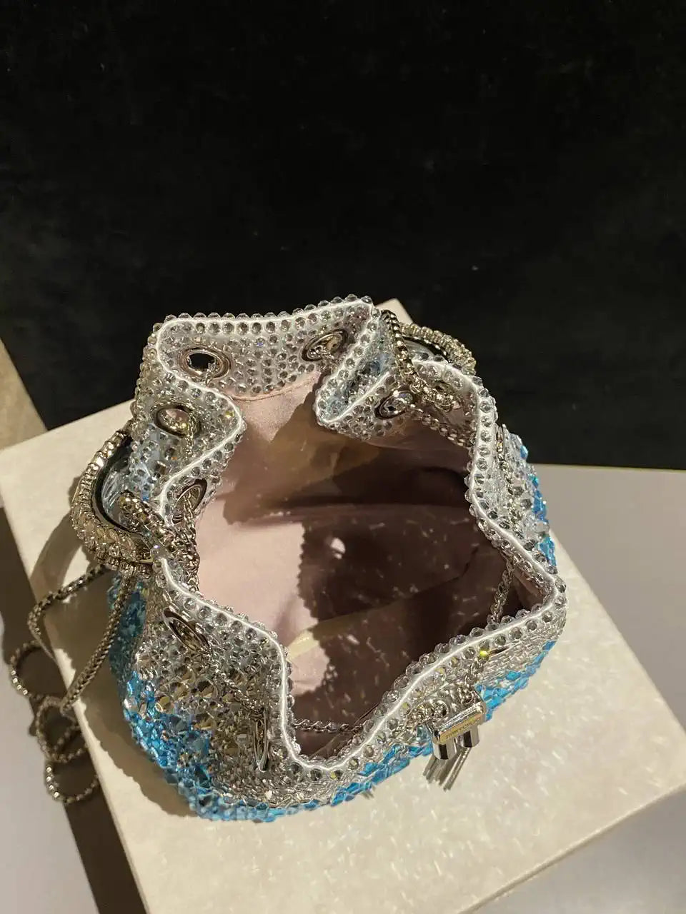 Jimmy Choo Bon Bon Blush Satin Bag with Crystals BONBONXDR1C1039 White & Light Blue