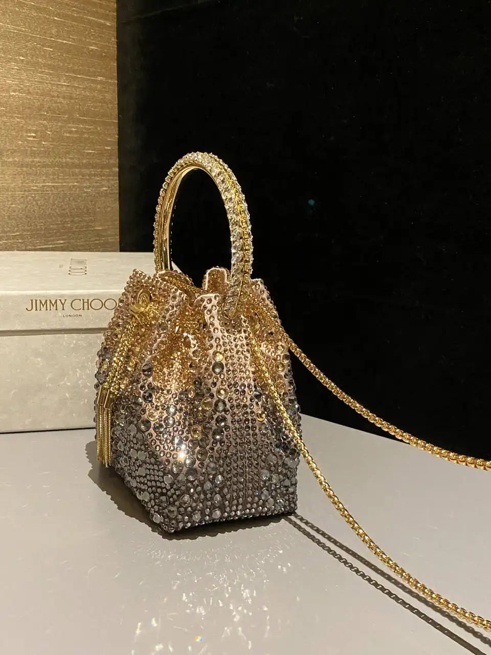 Jimmy Choo Bon Bon Blush Satin Bag with Crystals BONBONXDR1C1039 White & Gold