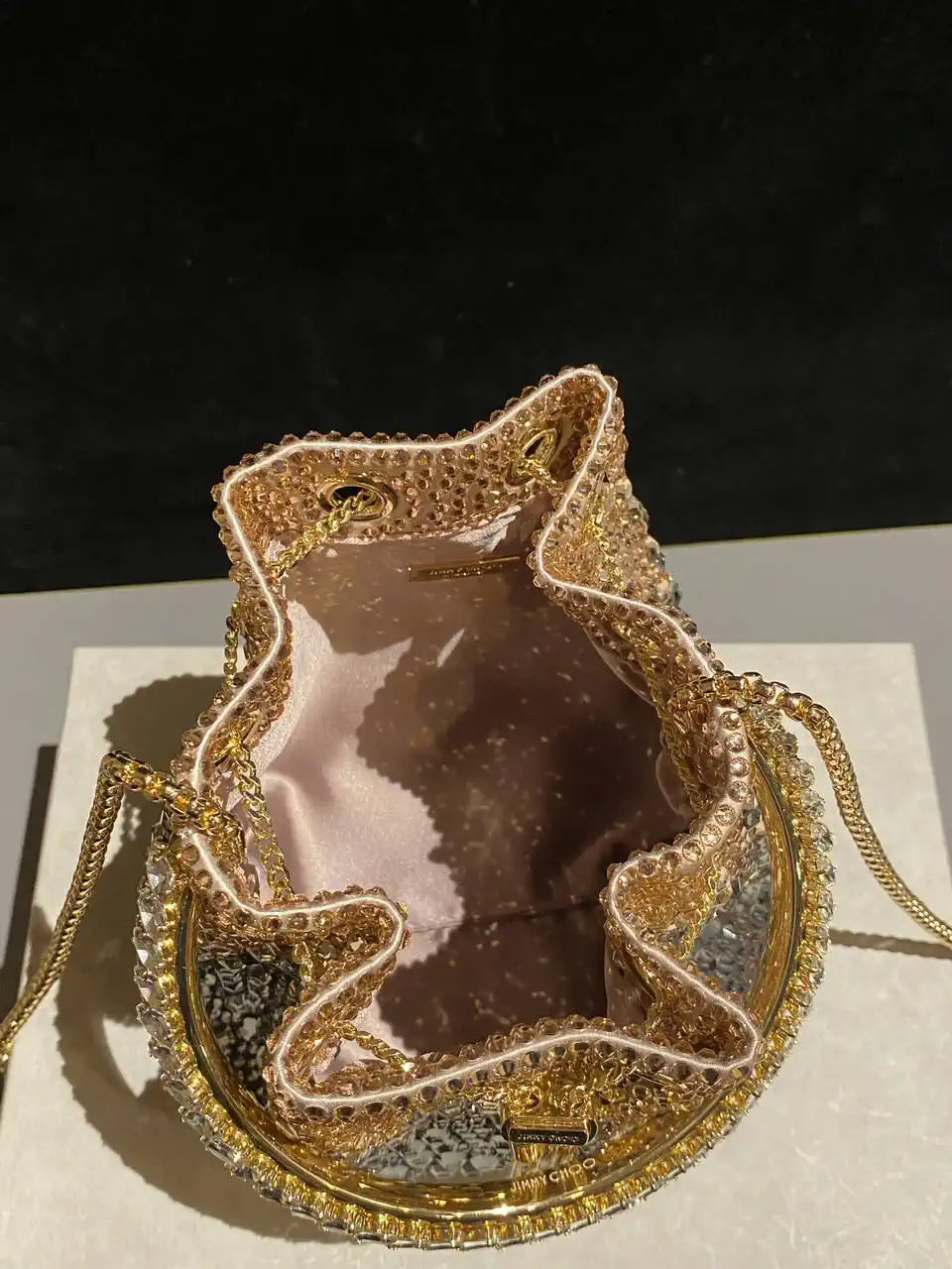 Jimmy Choo Bon Bon Blush Satin Bag with Crystals BONBONXDR1C1039 White & Gold