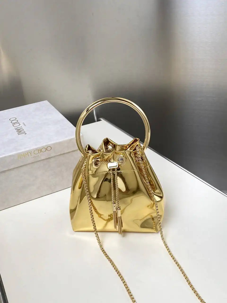 Jimmy Choo Bon Bon Gold Mirror Fabric Mini Bag with Metal Handle BONBONXVKOO0022