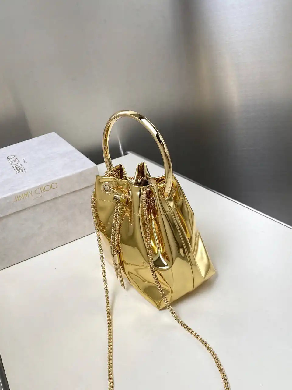 Jimmy Choo Bon Bon Gold Mirror Fabric Mini Bag with Metal Handle BONBONXVKOO0022