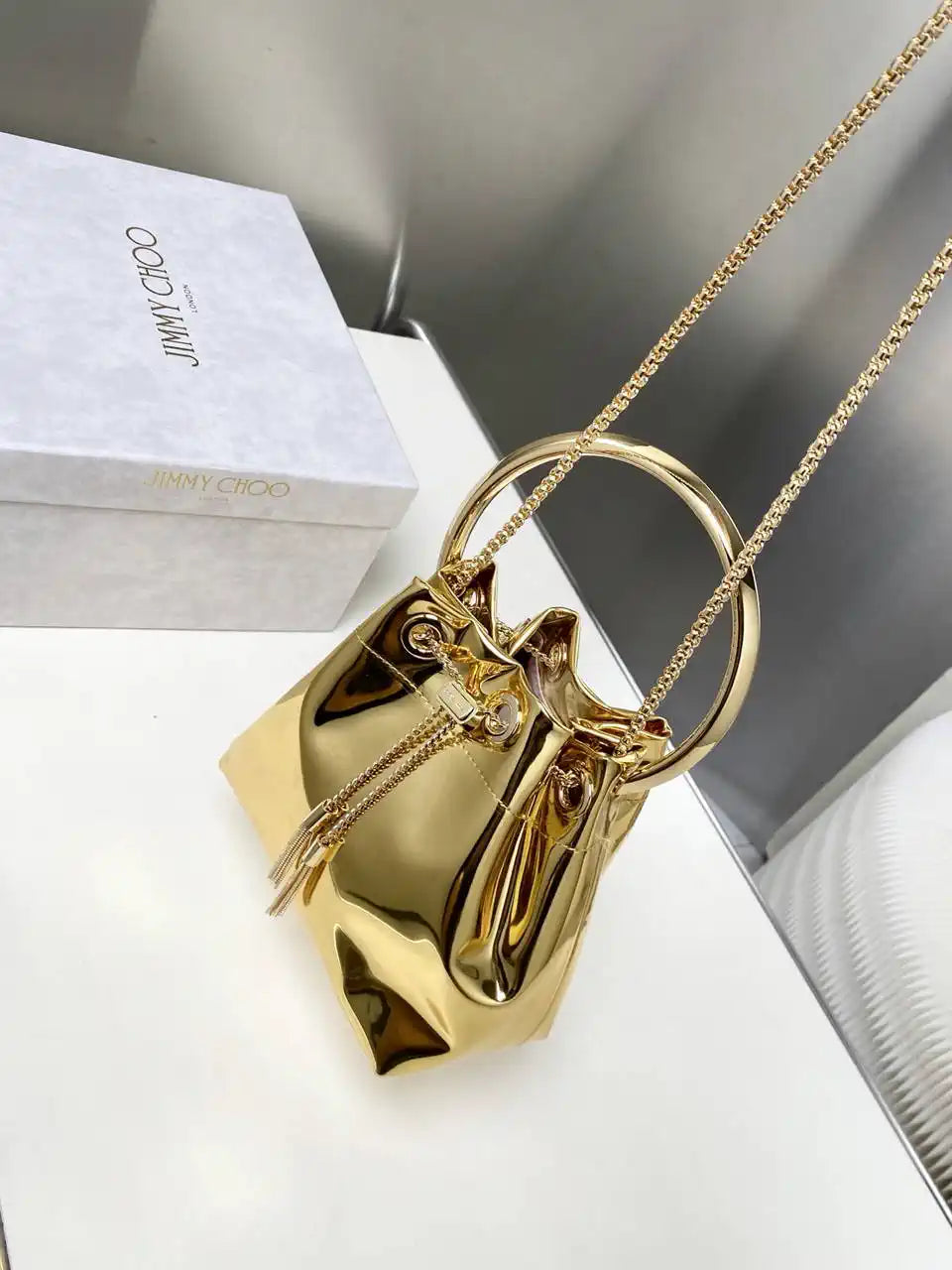 Jimmy Choo Bon Bon Gold Mirror Fabric Mini Bag with Metal Handle BONBONXVKOO0022