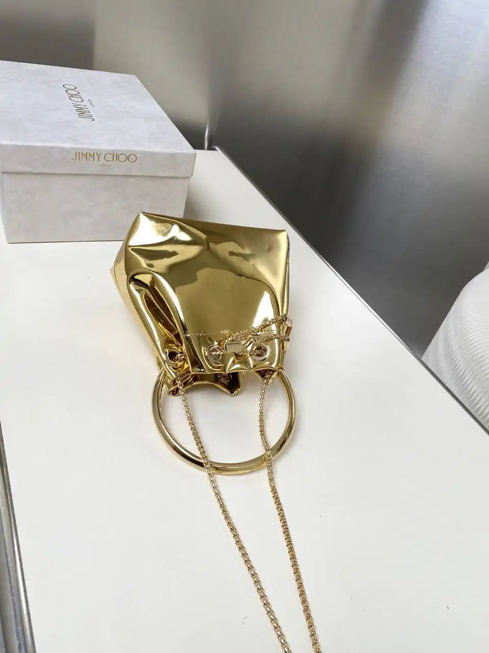 Jimmy Choo Bon Bon Gold Mirror Fabric Mini Bag with Metal Handle BONBONXVKOO0022