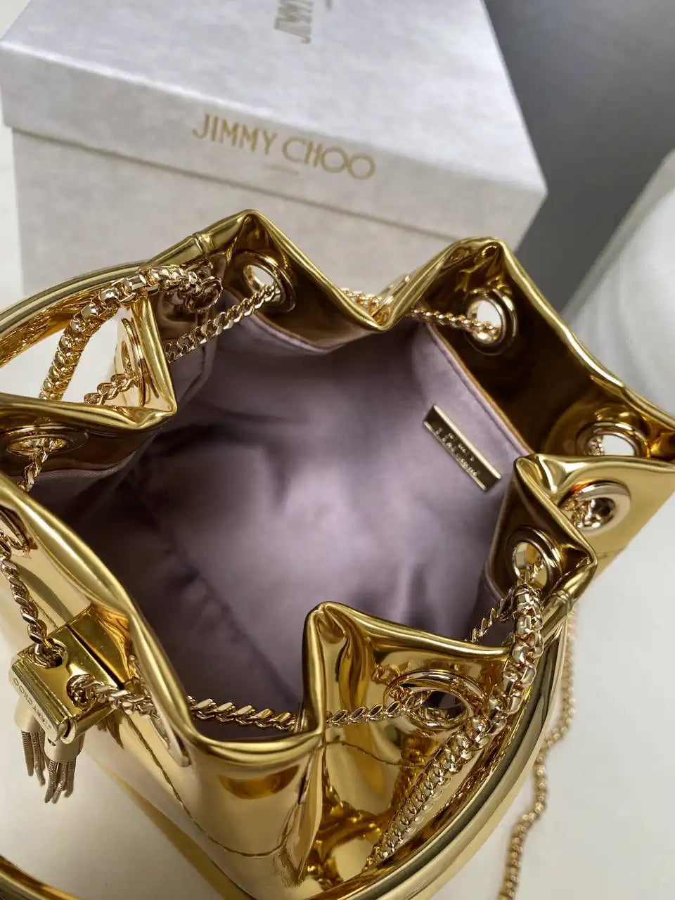 Jimmy Choo Bon Bon Gold Mirror Fabric Mini Bag with Metal Handle BONBONXVKOO0022