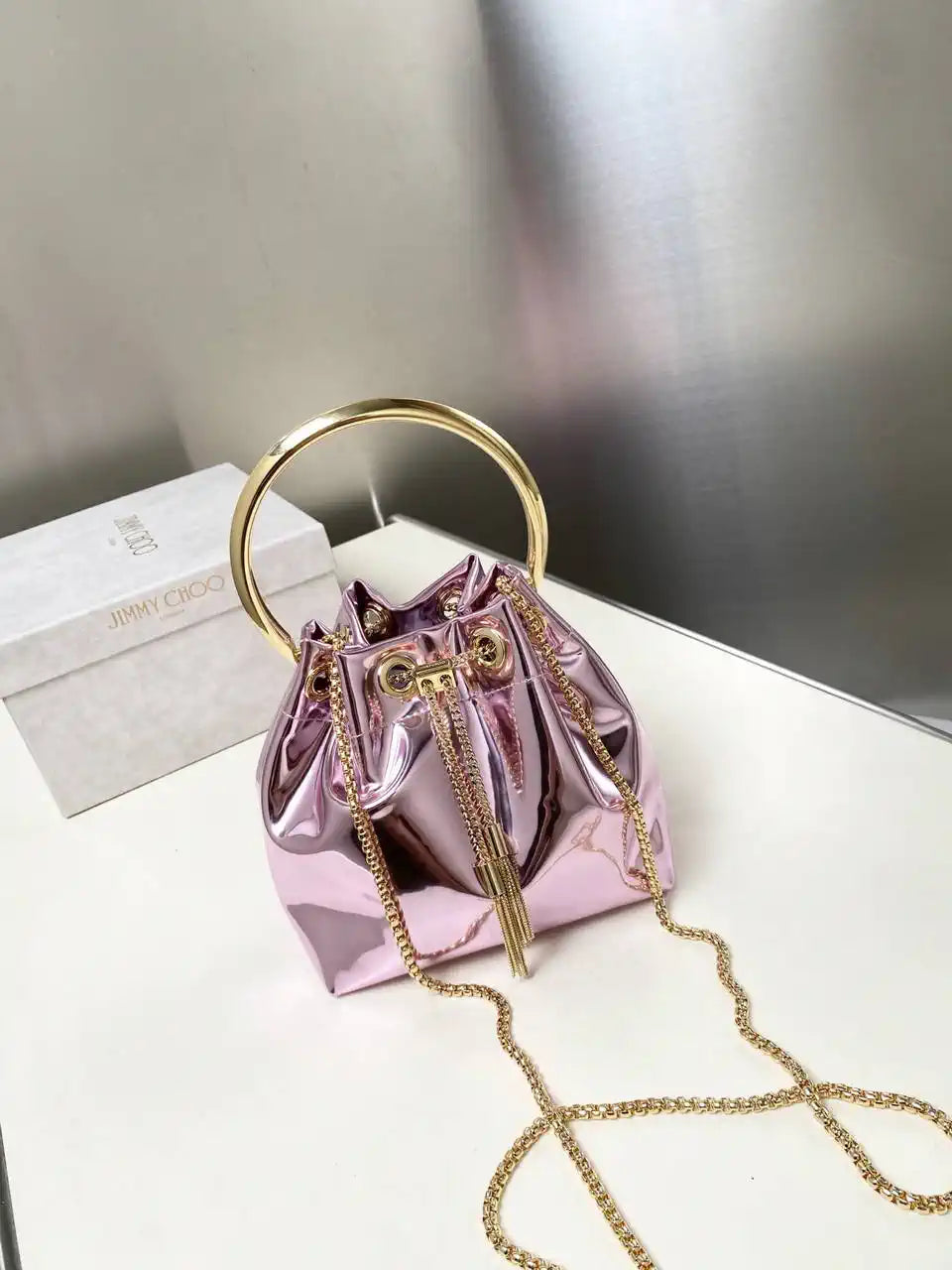 Jimmy Choo Bon Bon Purple Mirror Fabric Mini Bag with Metal Handle BONBONXVKOO0022